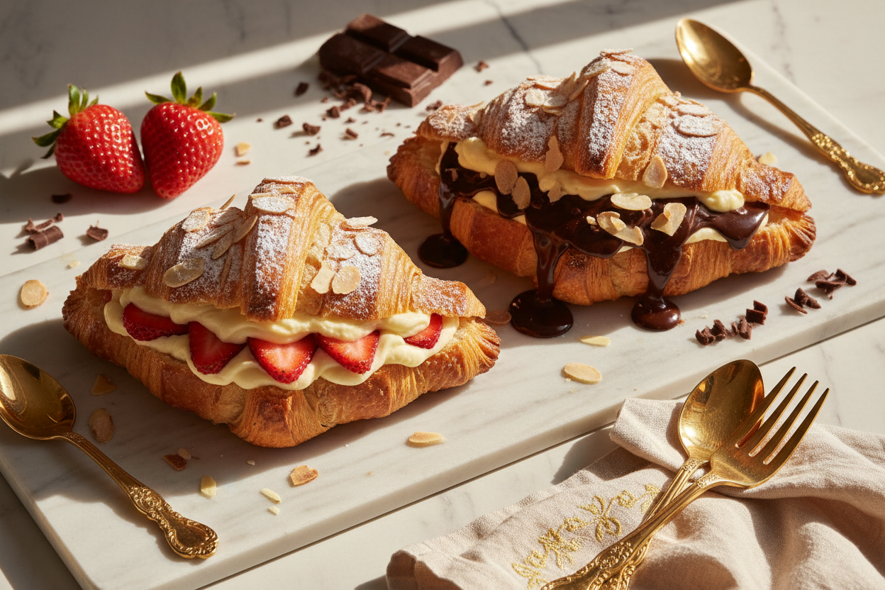 Stuffed croissant with lemon mascarpone filling and sliced almonds