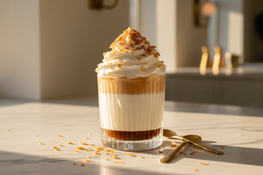 Toasted coconut latte with whipped cream and toasted coconut flakes