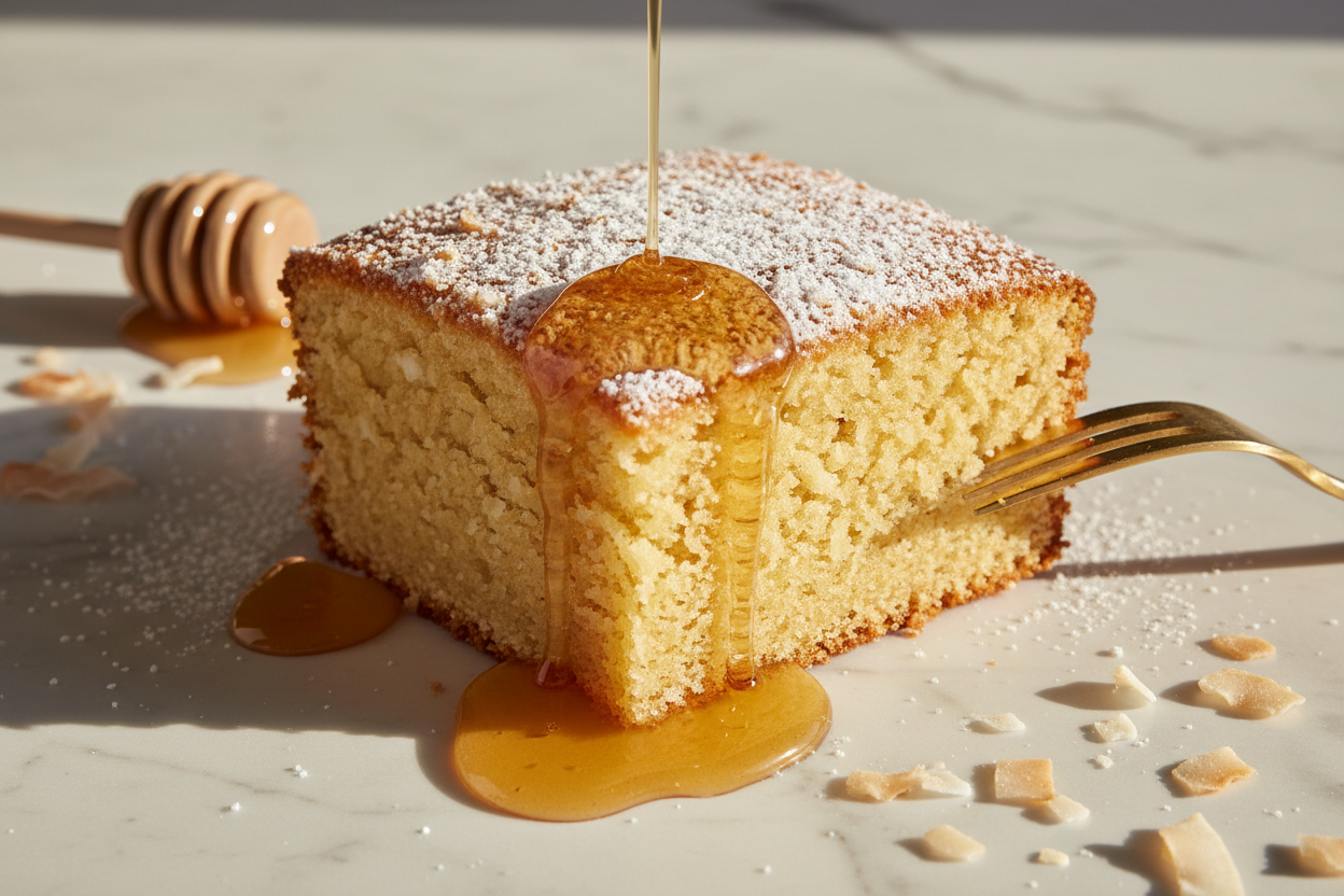 Sticky honey coconut corn cake dusted with powdered sugar